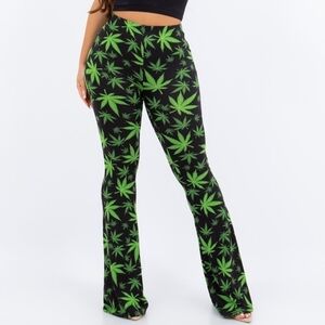 NEW GREEN BLACK 420 POT LEAF LONG FLARED PANTS SMALL